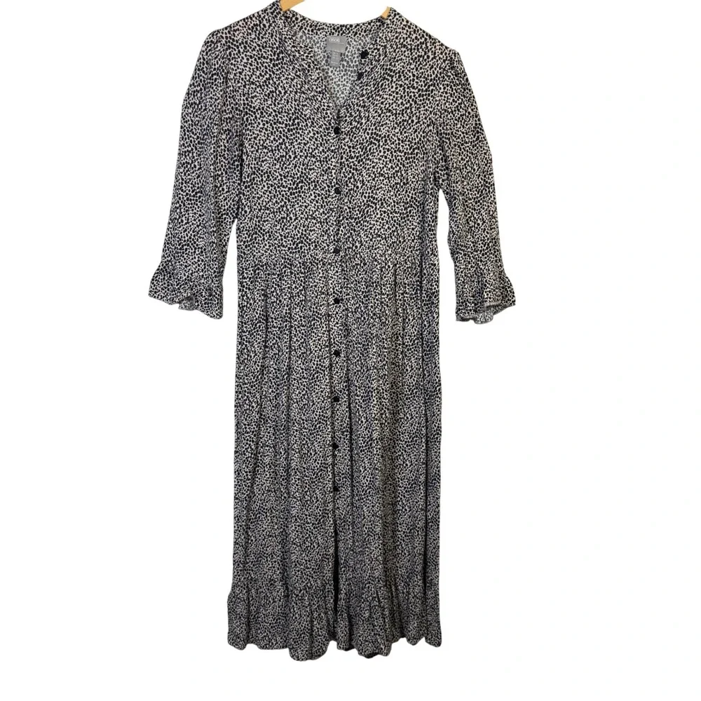 ASOS Maxi Dress Size 2 Black Beige Spotted Print 3/4 Sleeve Neutrals button down